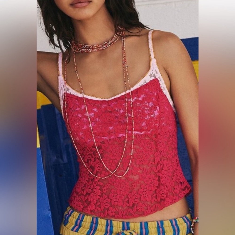 FREE PEOPLE All Day Lace Cami / Piping Hot Pink M NWT
